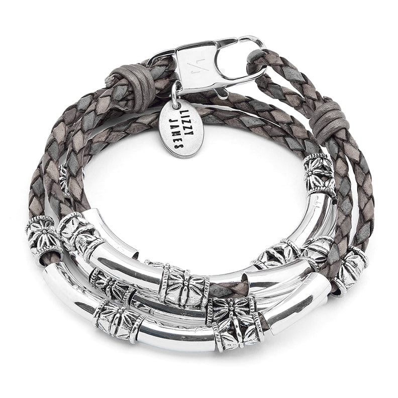 Woman's Maxi Braided Blue Leather Wrap Bracelet with Etched Silver Crescents | 8 Colors