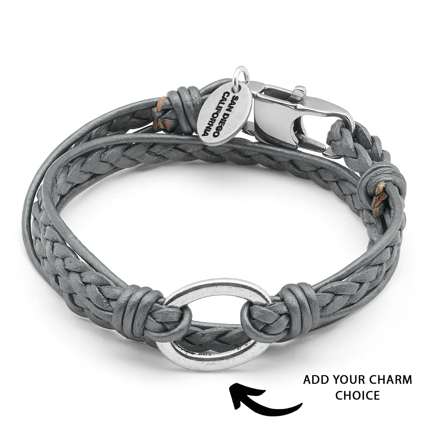 Paisley Braided Silver Leather Wrap Bracelet with Charm Ring