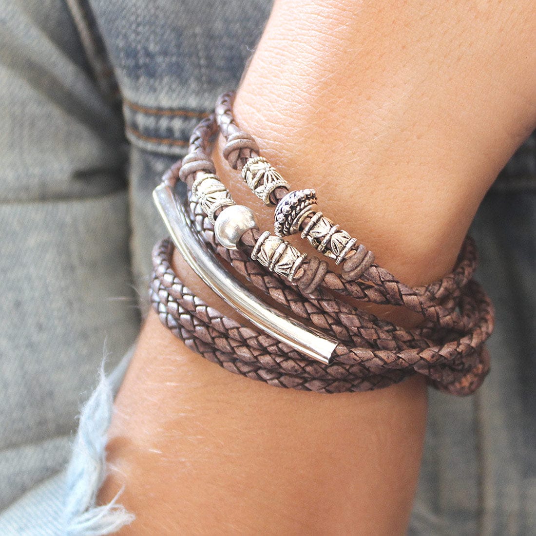 Naomi Braided Brown Leather Convertible Wrap Bracelet Necklace with Silver Crescent & Beads