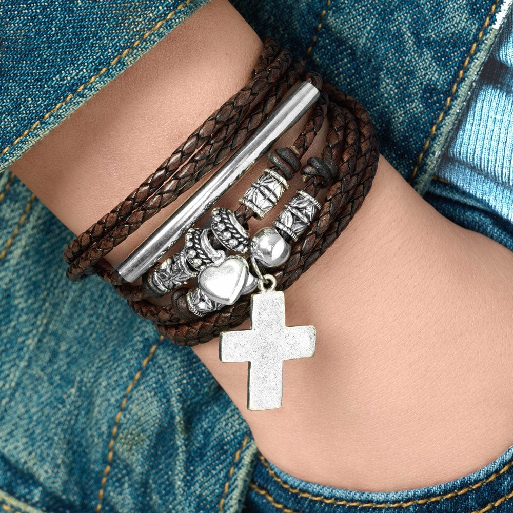 Naomi Braided Brown Leather Convertible Wrap Bracelet Necklace with Silver Crescent & Beads