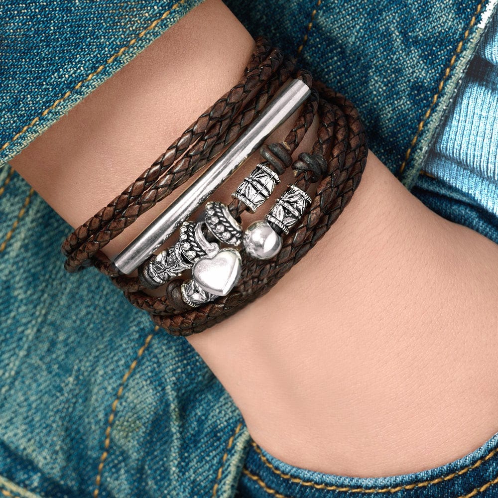 Naomi Braided Brown Leather Convertible Wrap Bracelet Necklace with Silver Crescent & Beads
