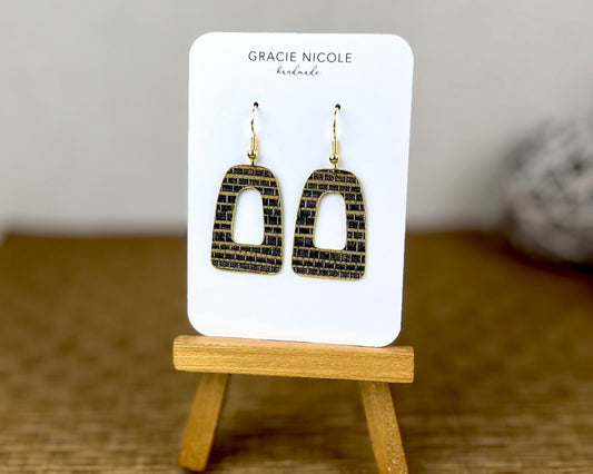 Black and Gold Grasscloth Print Open Arch Earrings - Small