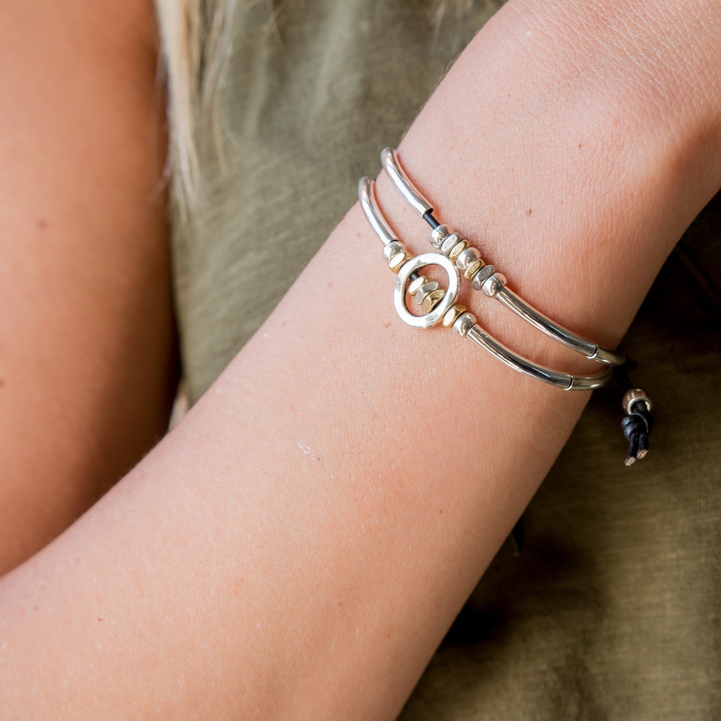 Optimism Two-Tone Adjustable Leather Bracelet | Silver & Gold Beads