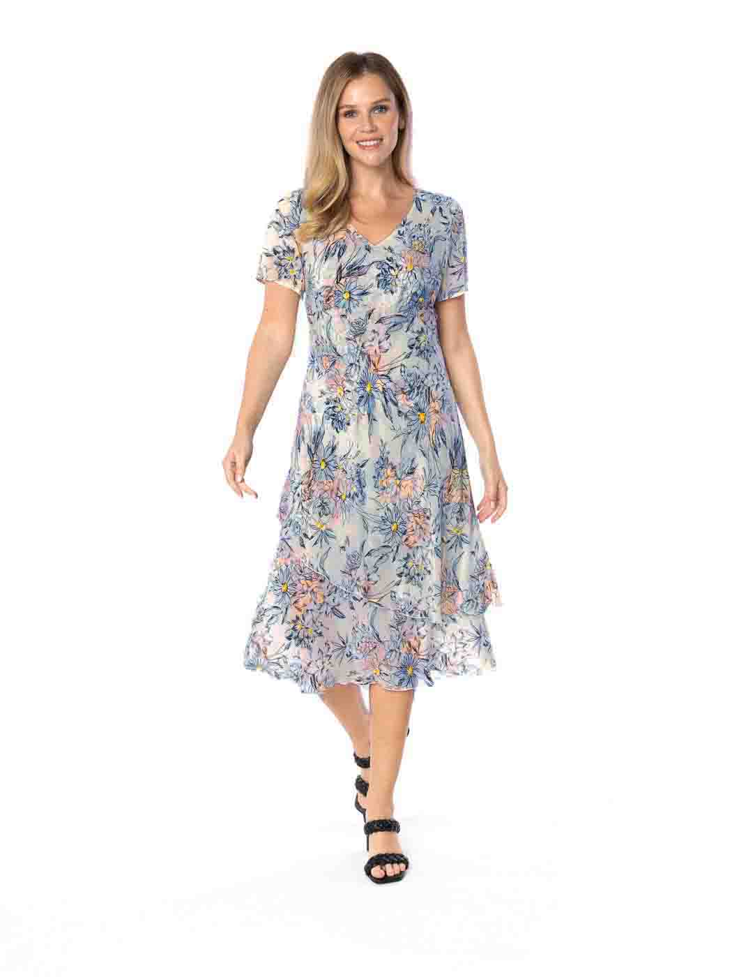 Tianello  "CEZANNE" Print "Sueded" CUPRO  "Iris" Cap Sleeved Bias Dress