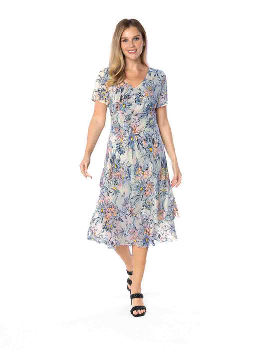 Tianello  "CEZANNE" Print "Sueded" CUPRO  "Iris" Cap Sleeved Bias Dress
