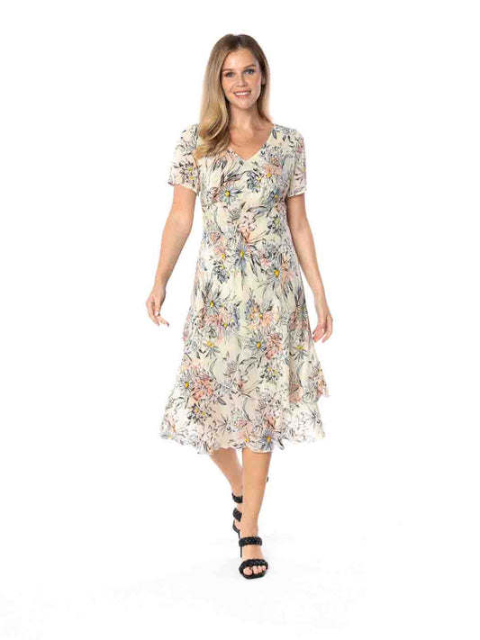 Tianello  "CEZANNE" Print "Sueded" CUPRO  "Iris" Cap Sleeved Bias Dress