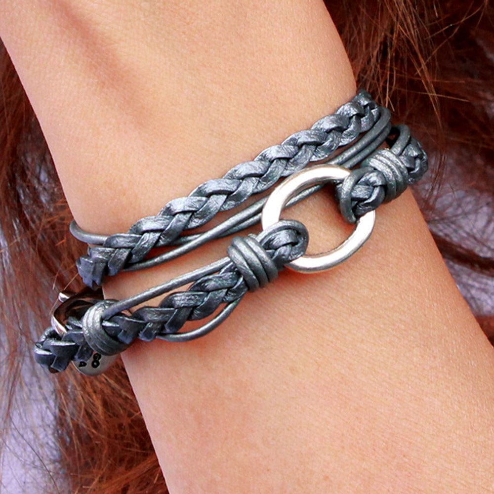 Paisley Braided Silver Leather Wrap Bracelet with Charm Ring