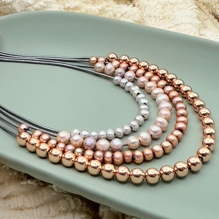Pearl Essence Necklace – Multi-Tone Freshwater Pearls & Rose Gold Accents
