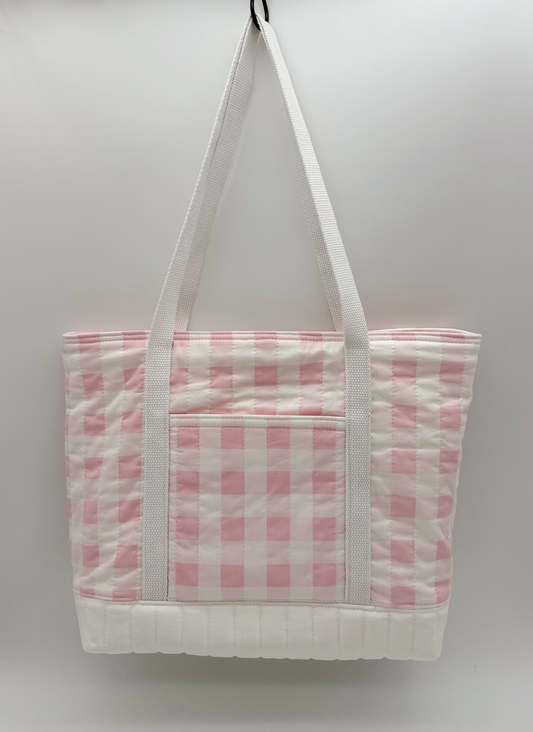 Pink Gingham Quilted Tote Bag - Handmade Canvas Tote with Snap Closure