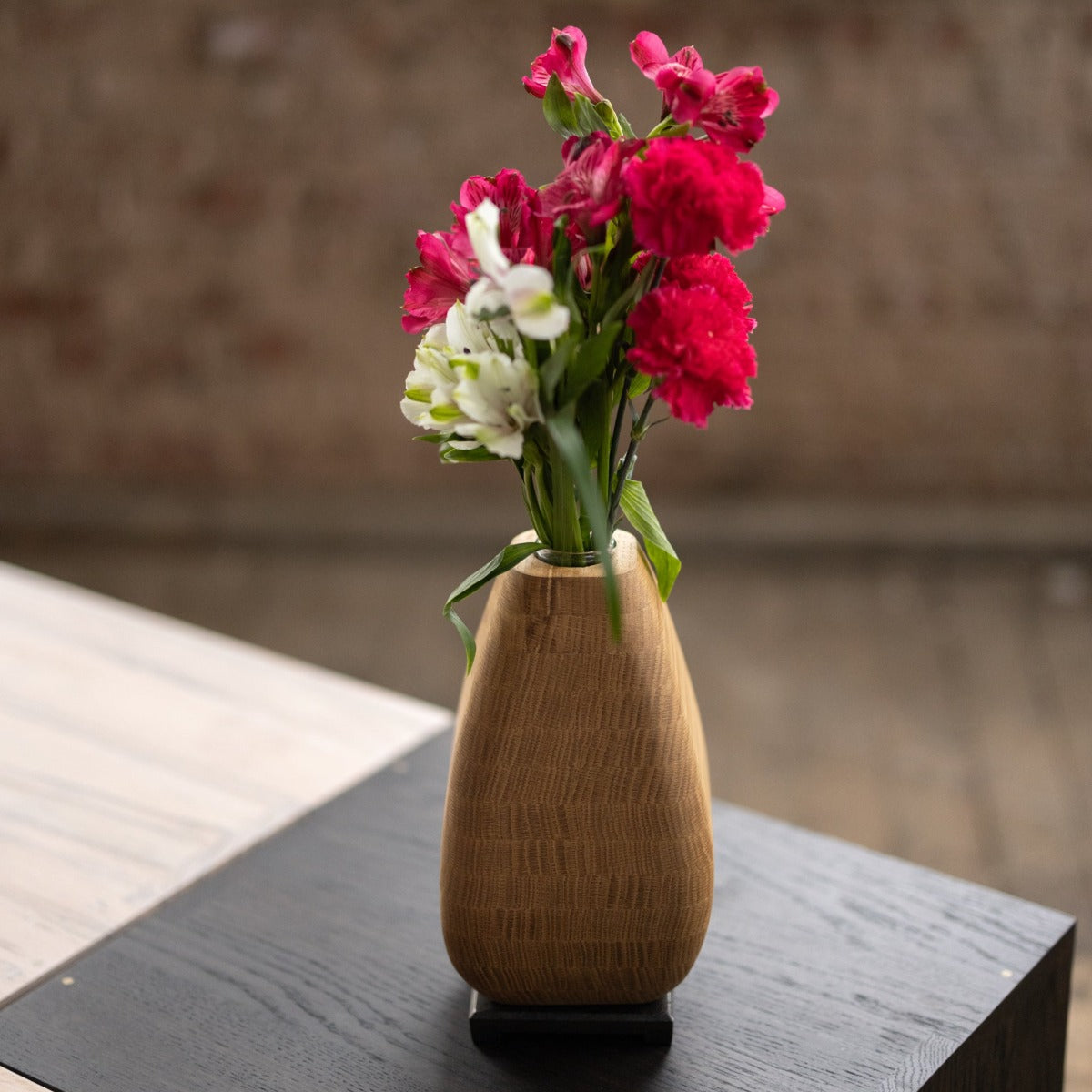 White Oak Wooden Vase with Bronze Base