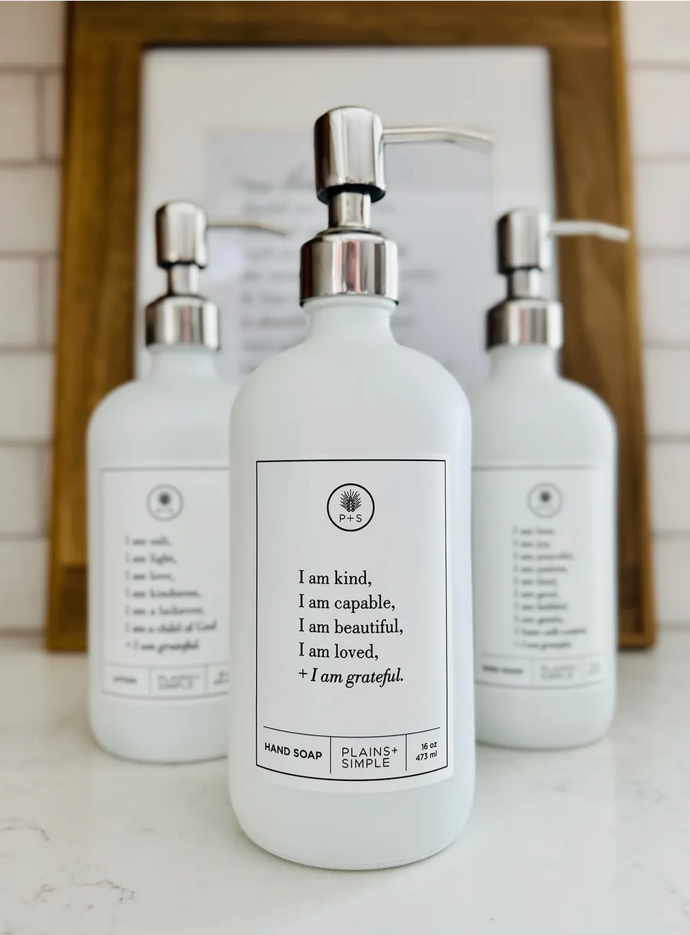 I Am Kind White Glass Dispenser | 16 oz | Plains + Simple