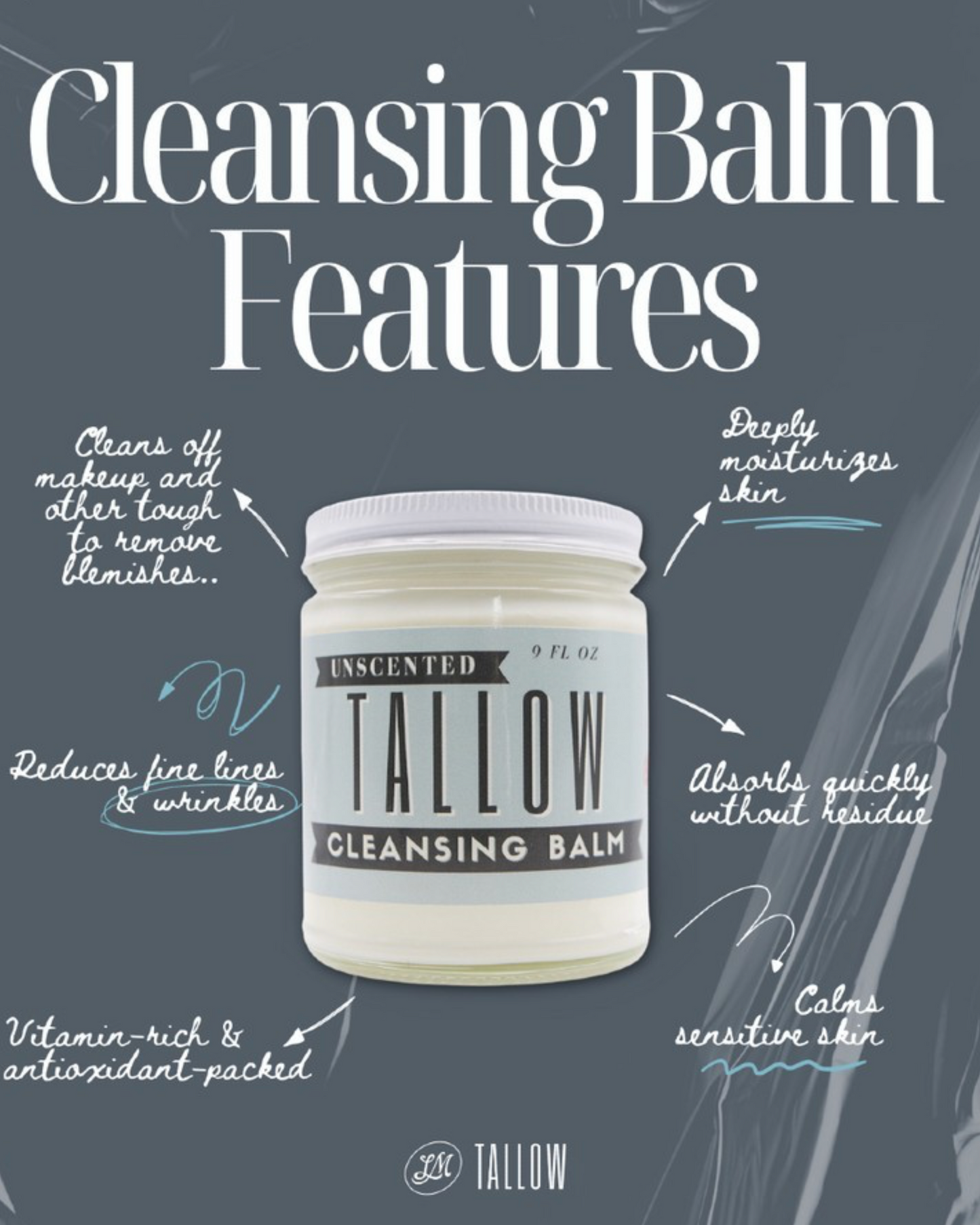 Unscented Tallow Cleansing Balm | Natural Makeup Remover & Deep Moisturizing Cleanser | Grass-Fed Beef Tallow with Castor Oil