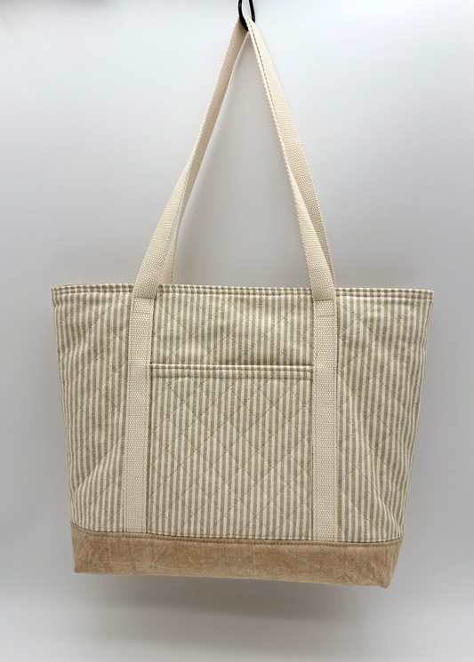 Taupe Stripe Quilted Tote Bag - Handmade Canvas Tote with Snap Closure