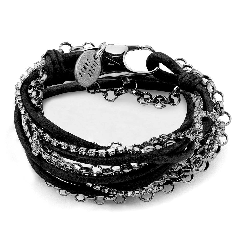 Sydney Black Leather Convertible Wrap Bracelet Necklace with Rhinestones & Silver Loop Chain