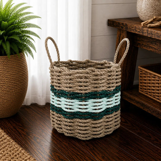Tan, Seafoam & Hunter Green Accent Rope Basket