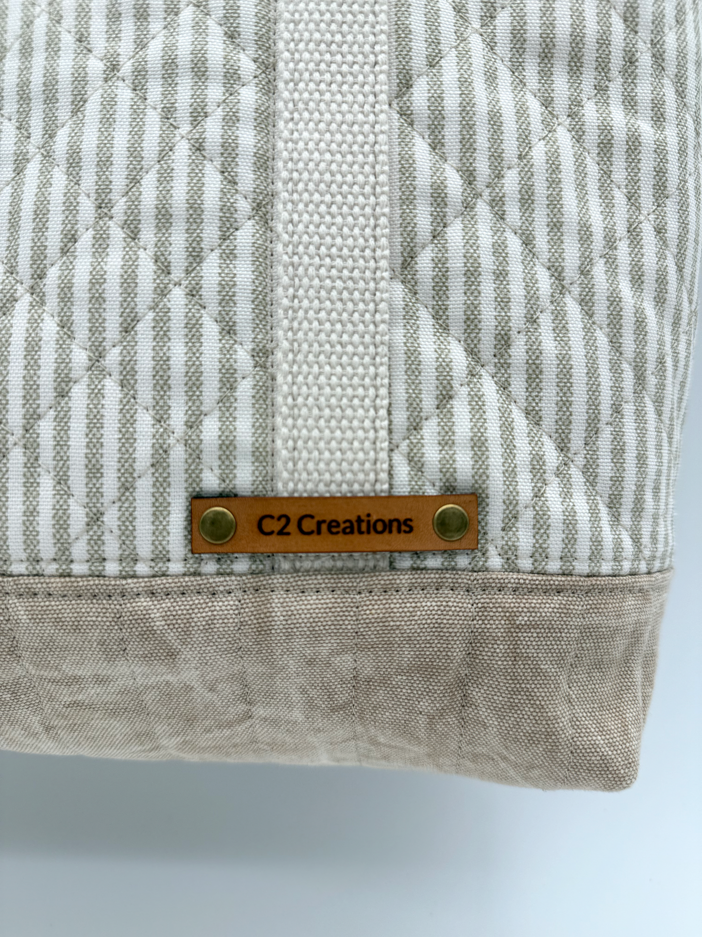 Taupe Stripe Quilted Tote Bag - Handmade Canvas Tote with Snap Closure