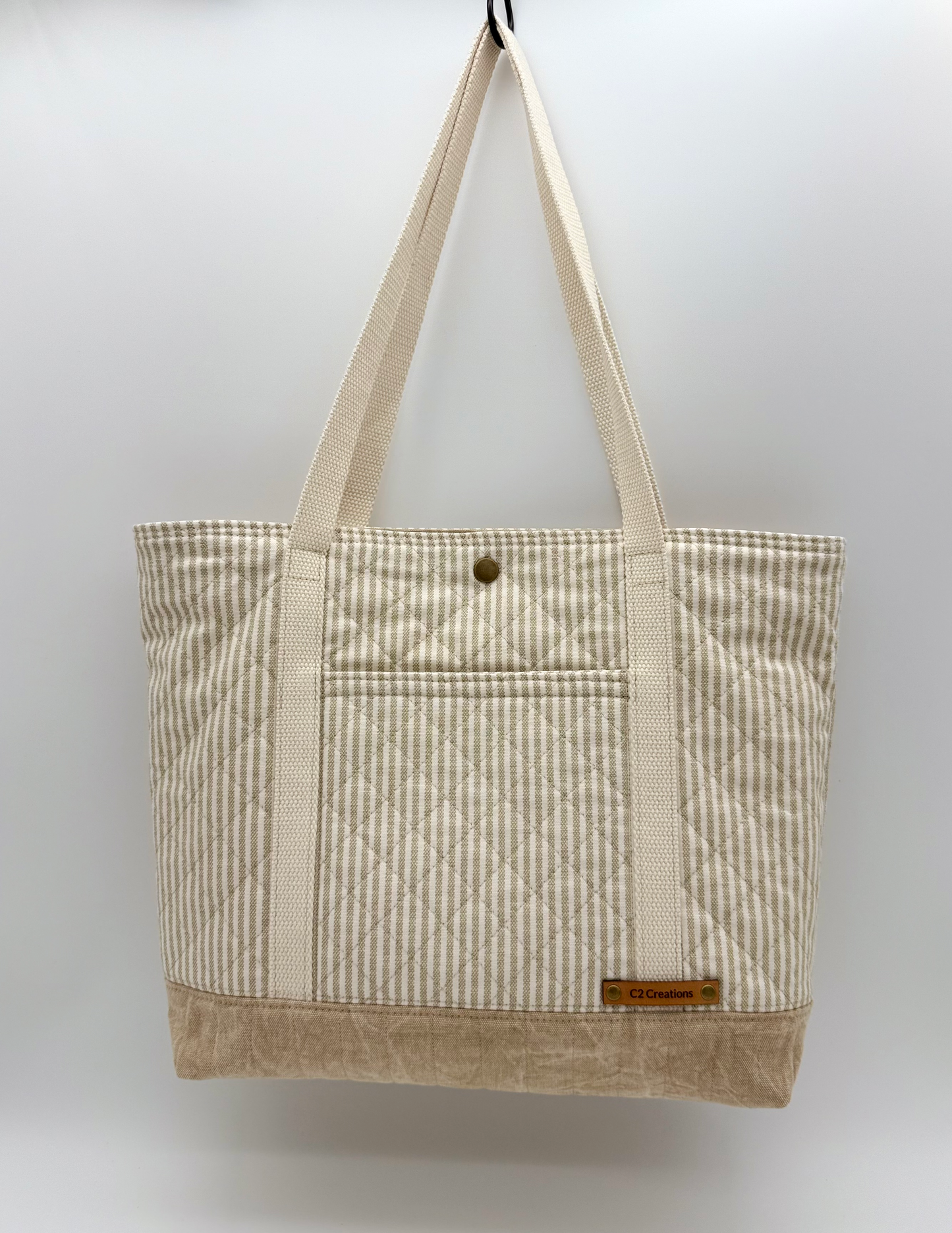 Taupe Stripe Quilted Tote Bag - Handmade Canvas Tote with Snap Closure