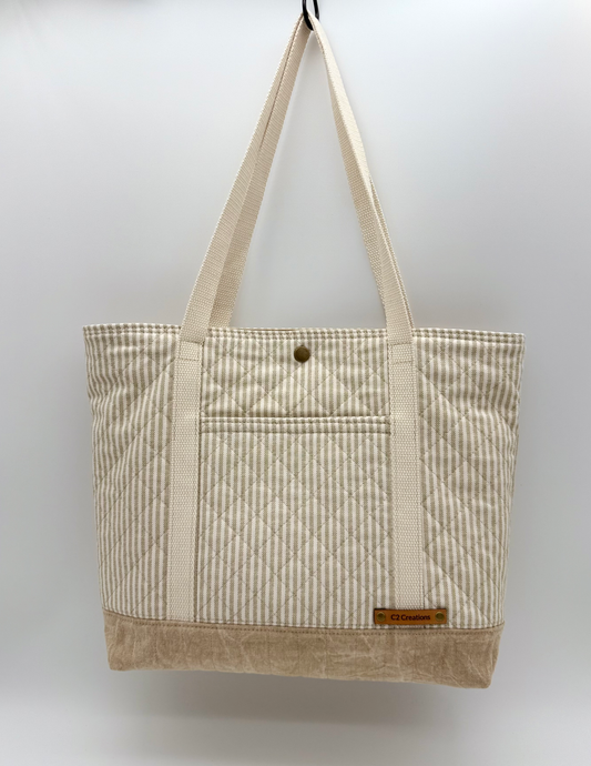 Taupe Stripe Quilted Tote Bag - Handmade Canvas Tote with Snap Closure