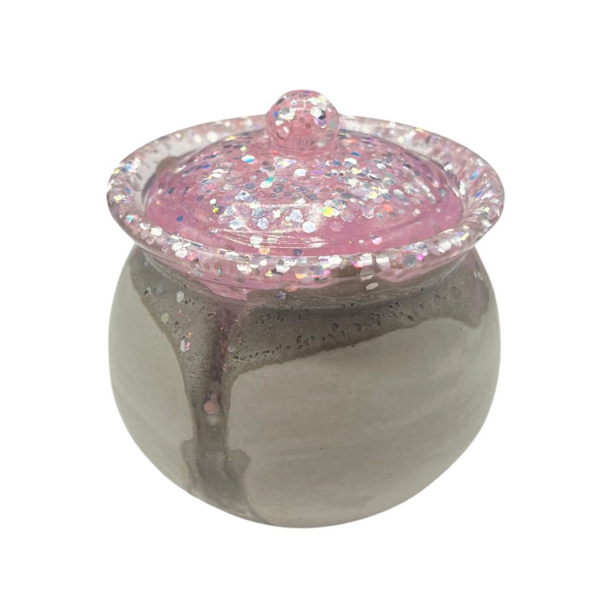 Sparkly Jar With Lid | Gray & Pink | 3.5" x 3.5" x 3" | Color Crete Creation