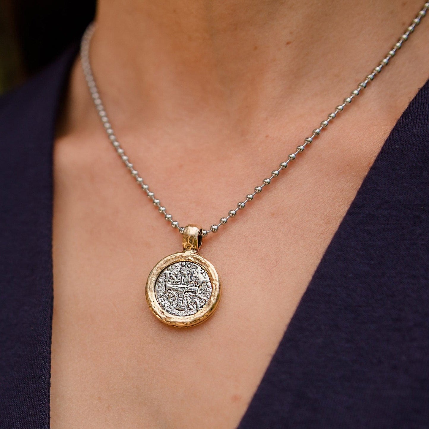 Vintage Silver Cross Coin Medallion on Adjustable Stainless Steel Necklace