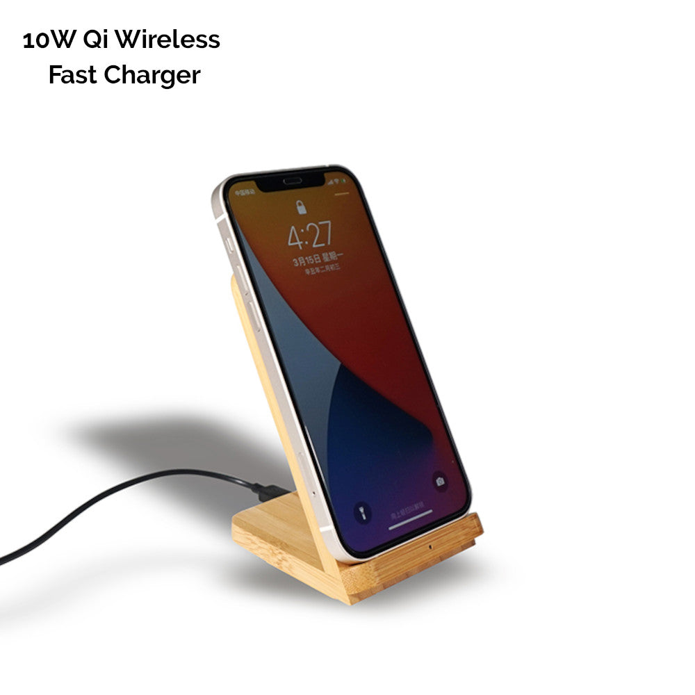 Solid Bamboo Desktop Phone Stand with Built-In Qi-Wireless 10W Charger