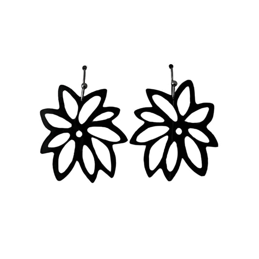 Black floral earrings on a white background