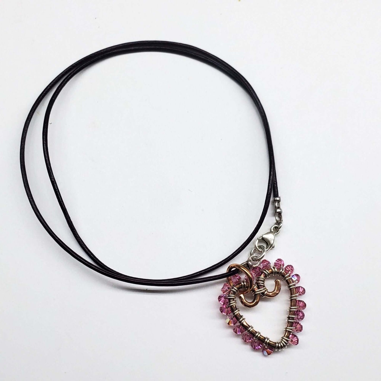 Wire Wrapped Copper Hammered Open Heart Crystal Necklace