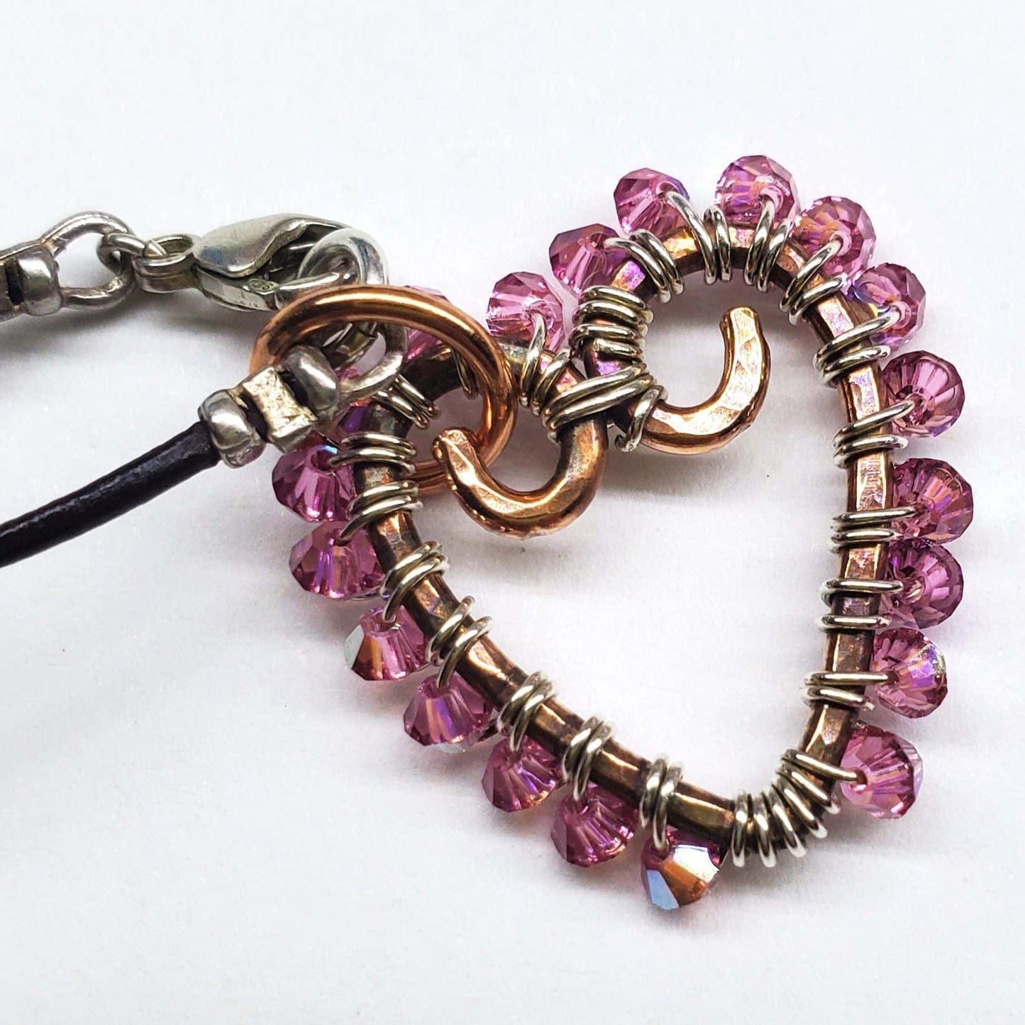 Wire Wrapped Copper Hammered Open Heart Crystal Necklace