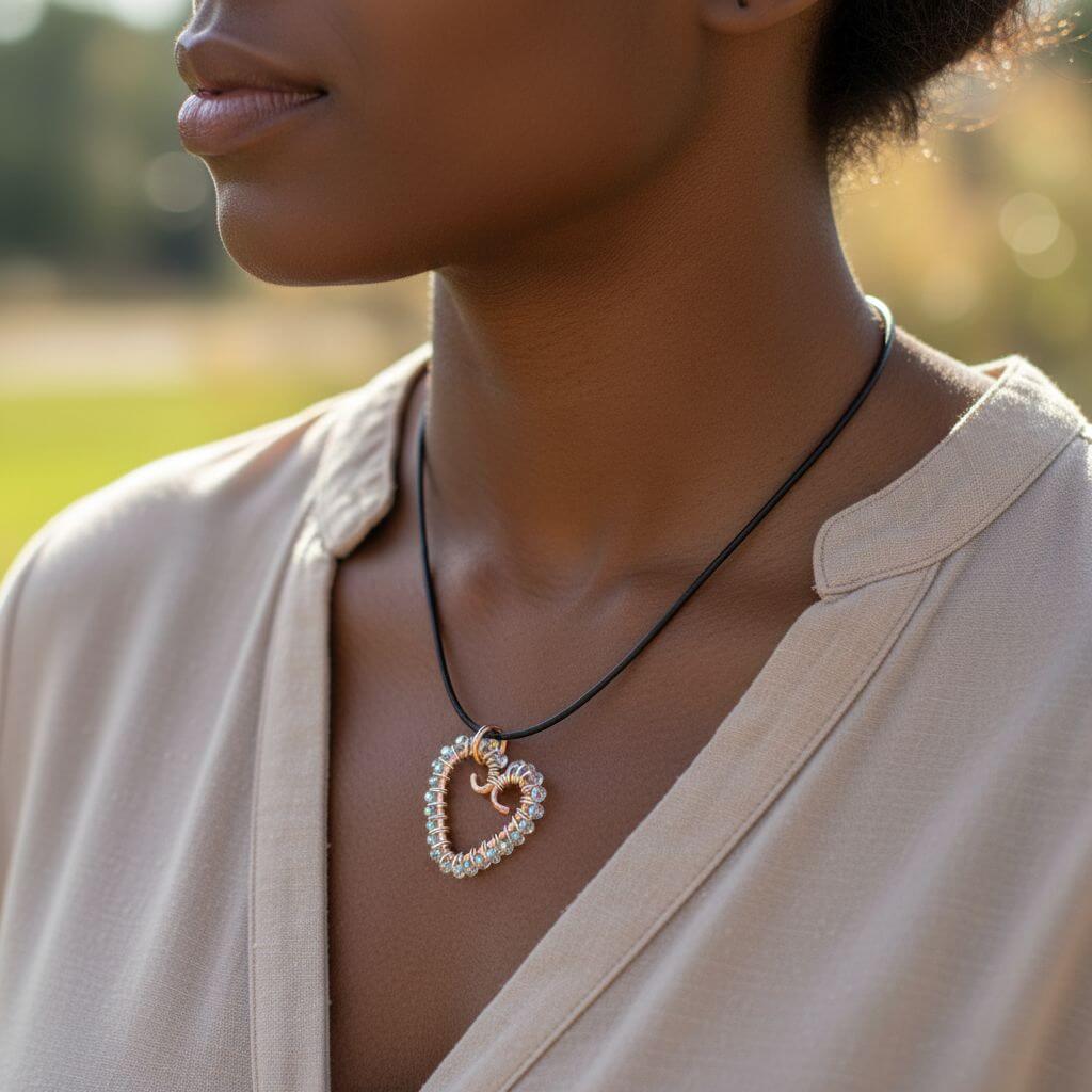 Wire Wrapped Copper Hammered Open Heart Crystal Necklace