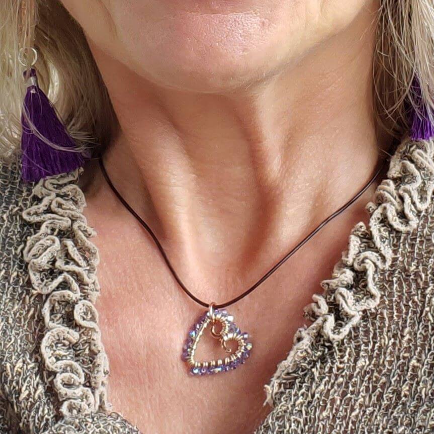 Wire Wrapped Copper Hammered Open Heart Crystal Necklace