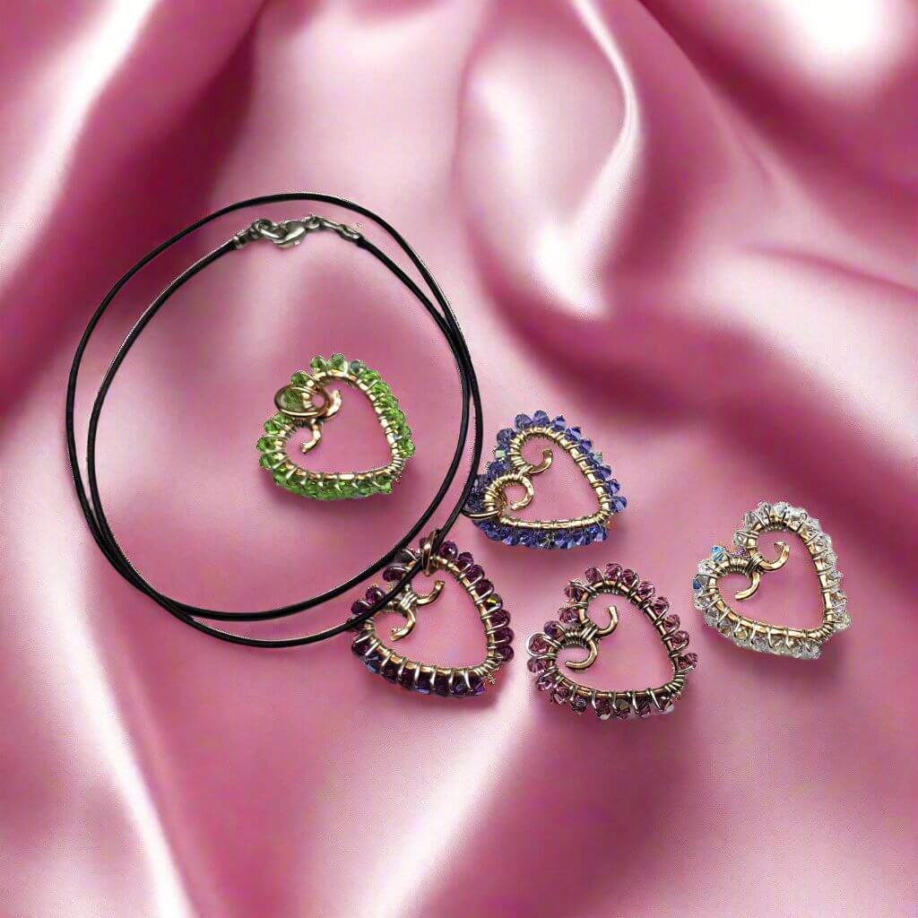 Wire Wrapped Copper Hammered Open Heart Crystal Necklace