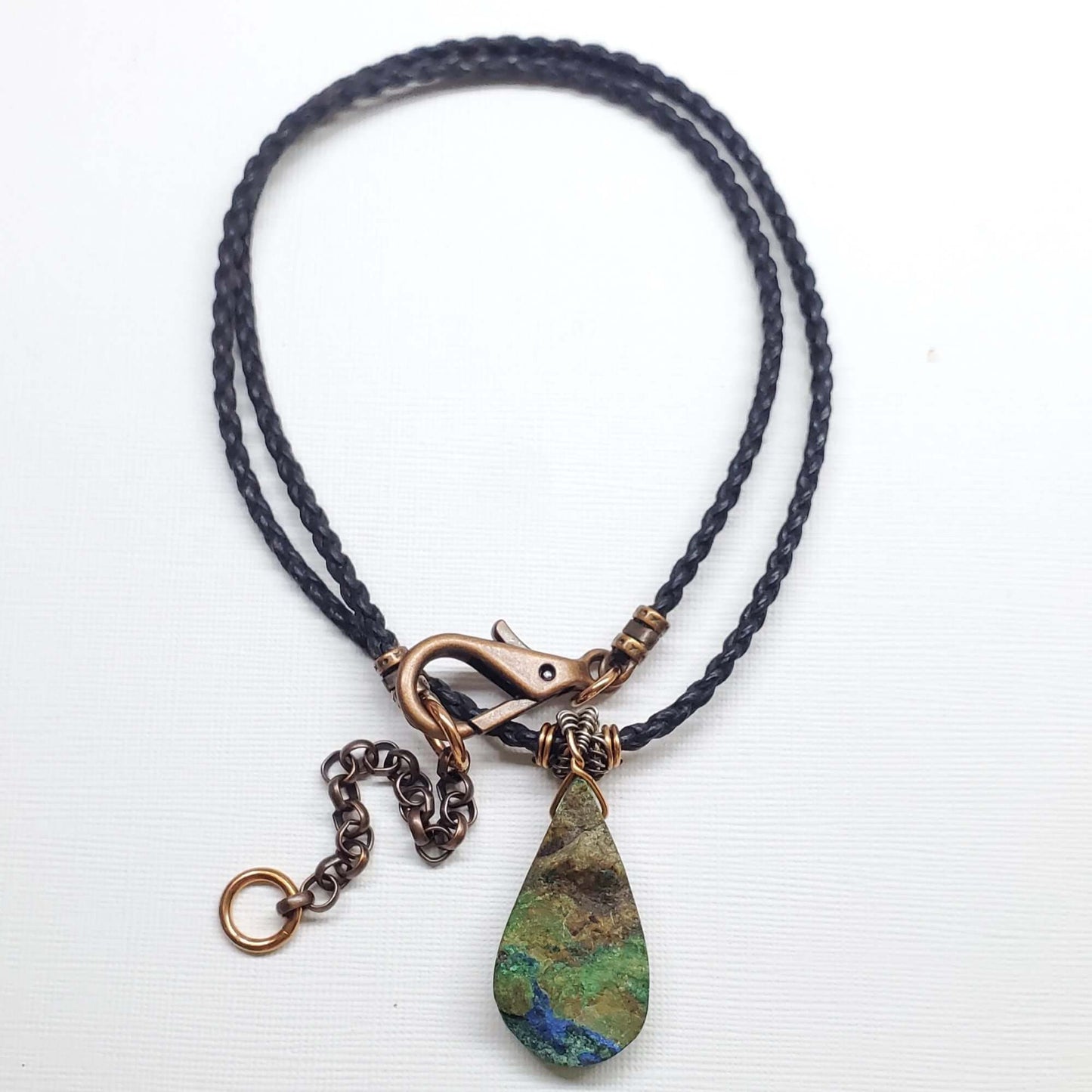 Wire Wrapped Copper Natural Azurite Malachite Drop Vegan Cord Necklace