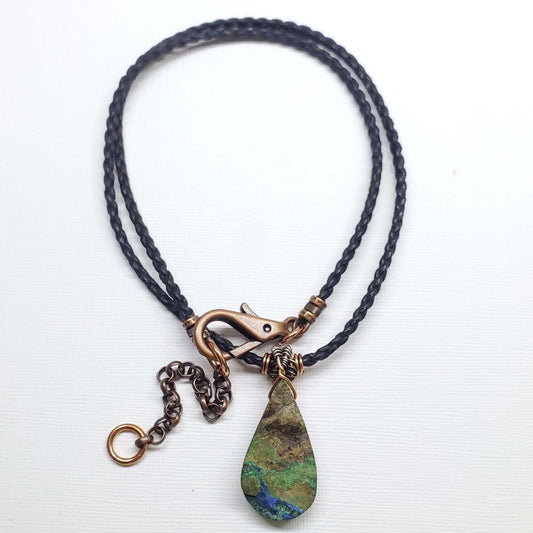 Wire Wrapped Copper Natural Azurite Malachite Drop Vegan Cord Necklace