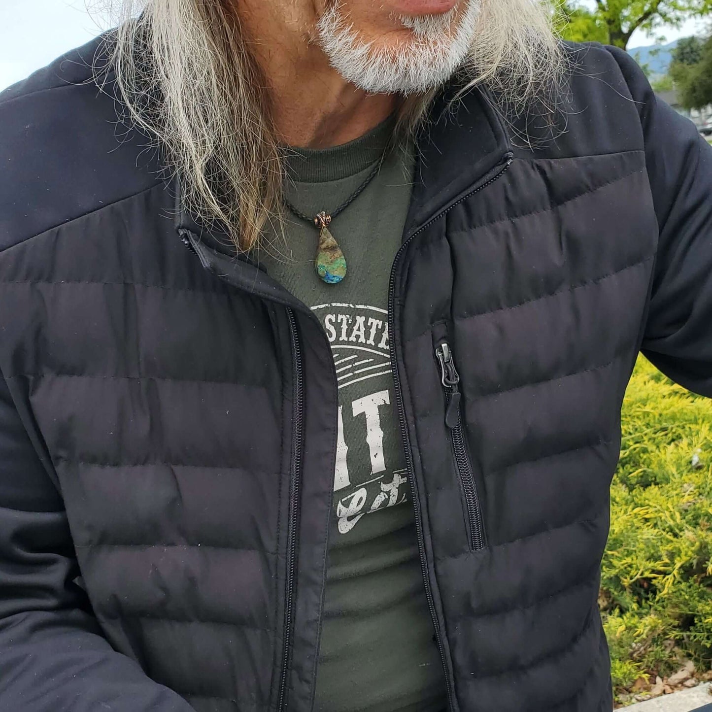 Wire Wrapped Copper Natural Azurite Malachite Drop Vegan Cord Necklace