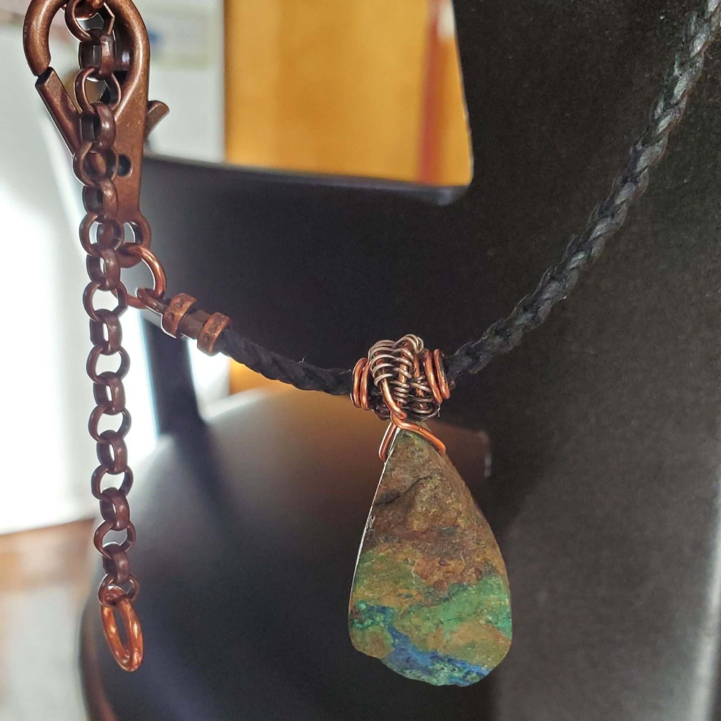 Wire Wrapped Copper Natural Azurite Malachite Drop Vegan Cord Necklace