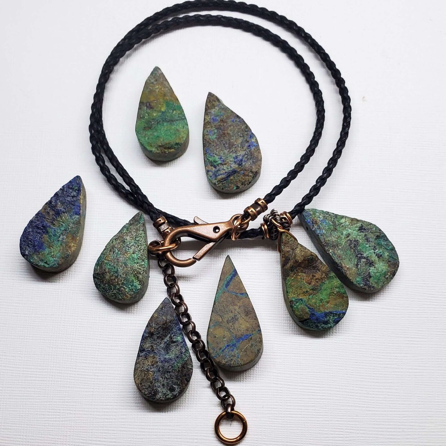 Wire Wrapped Copper Natural Azurite Malachite Drop Vegan Cord Necklace