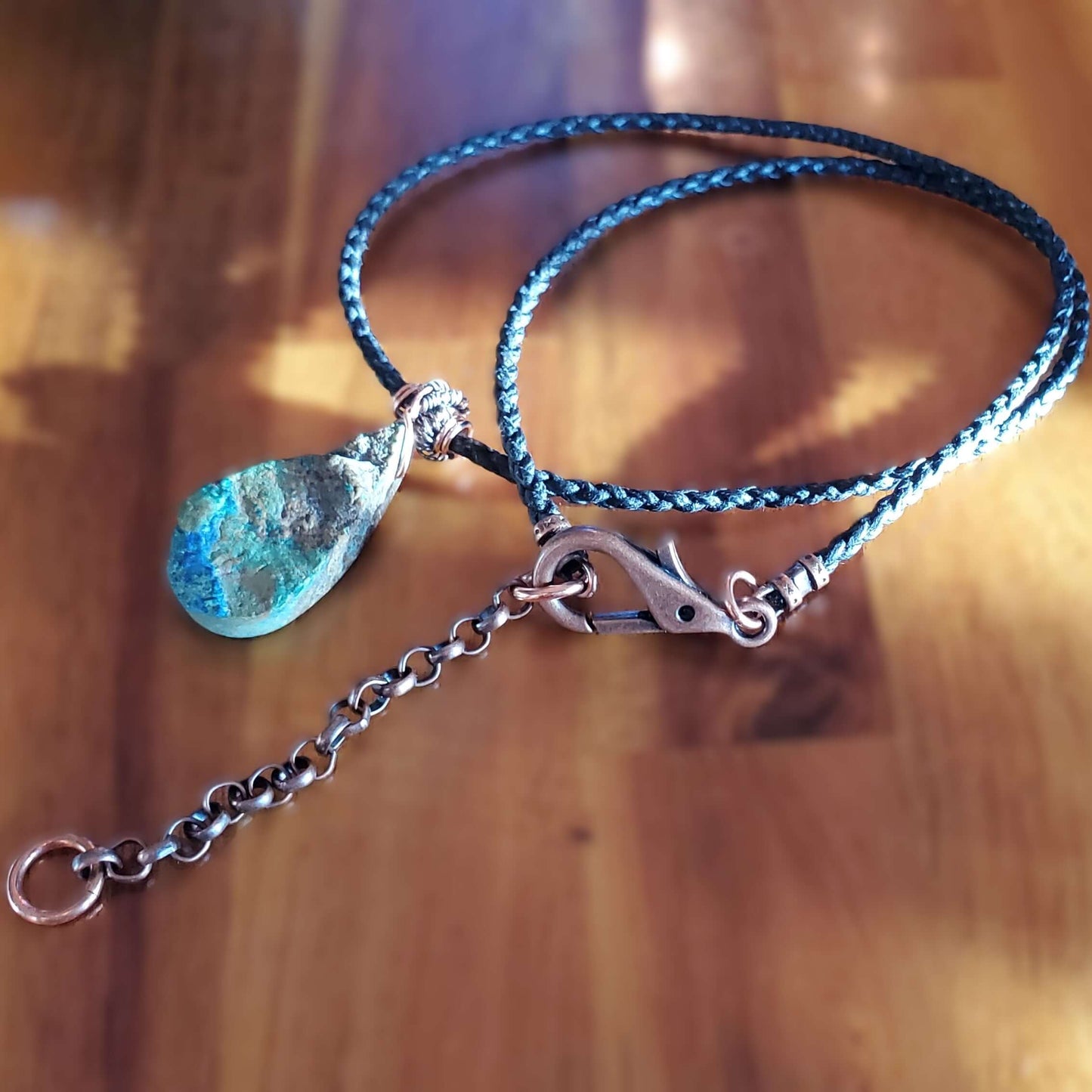 Wire Wrapped Copper Natural Azurite Malachite Drop Vegan Cord Necklace