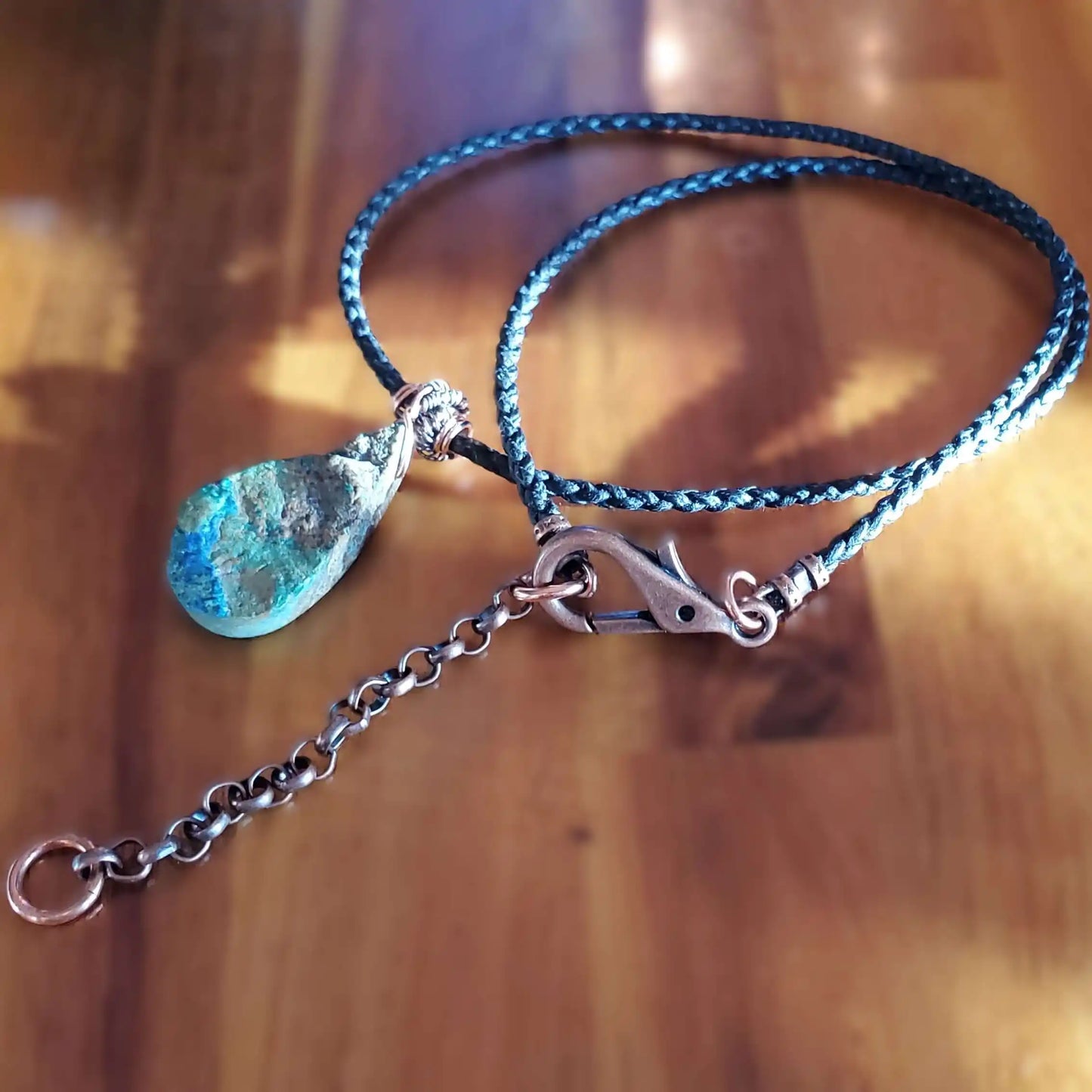 Wire Wrapped Copper Natural Azurite Malachite Drop Vegan Cord Necklace