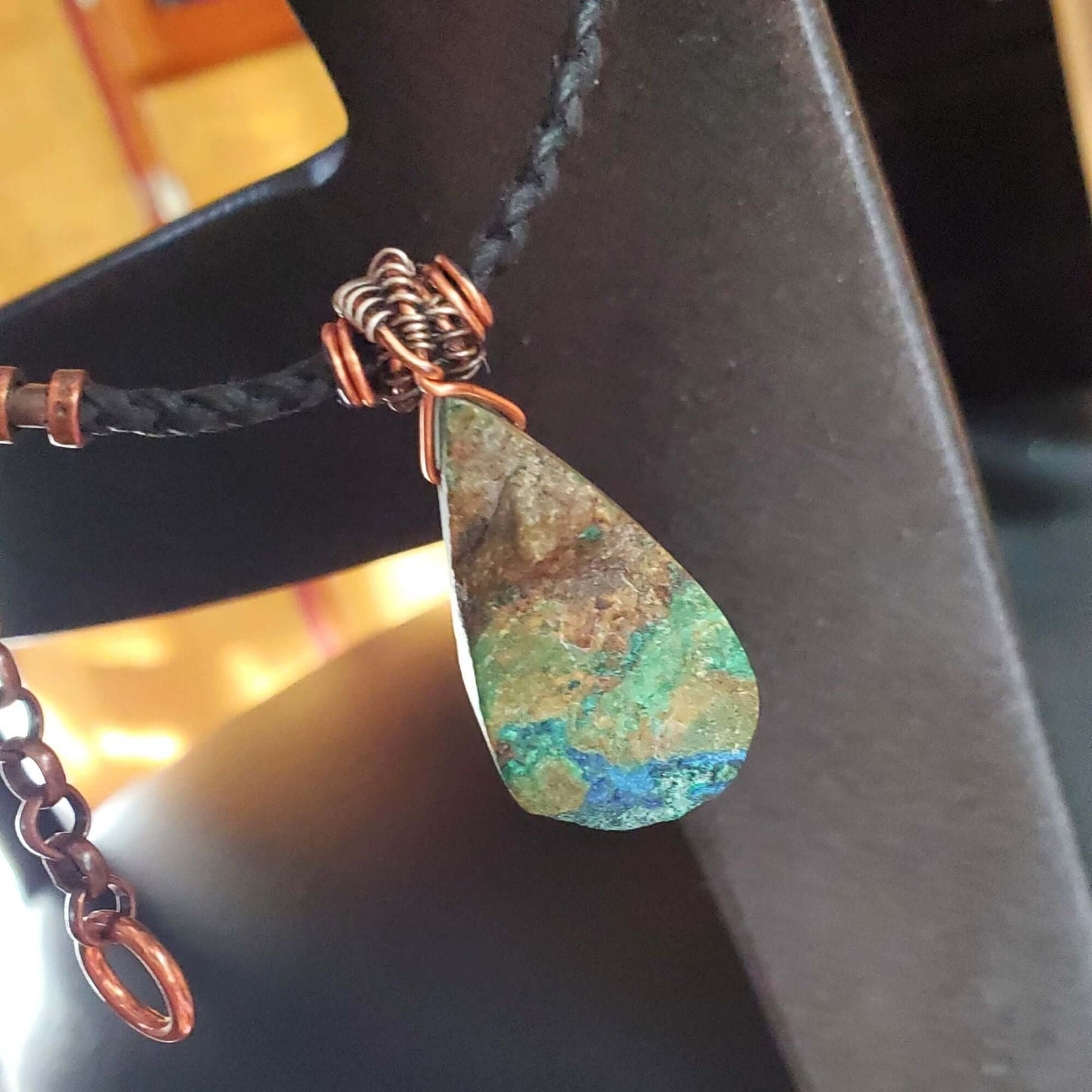 Wire Wrapped Copper Natural Azurite Malachite Drop Vegan Cord Necklace