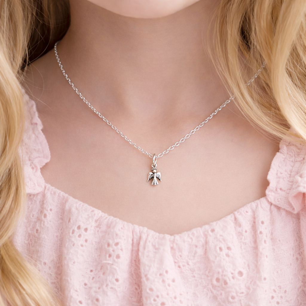Sterling Silver Guardian Angel Charm Necklace for Girls – Dainty Angel Pendant on 16” Chain