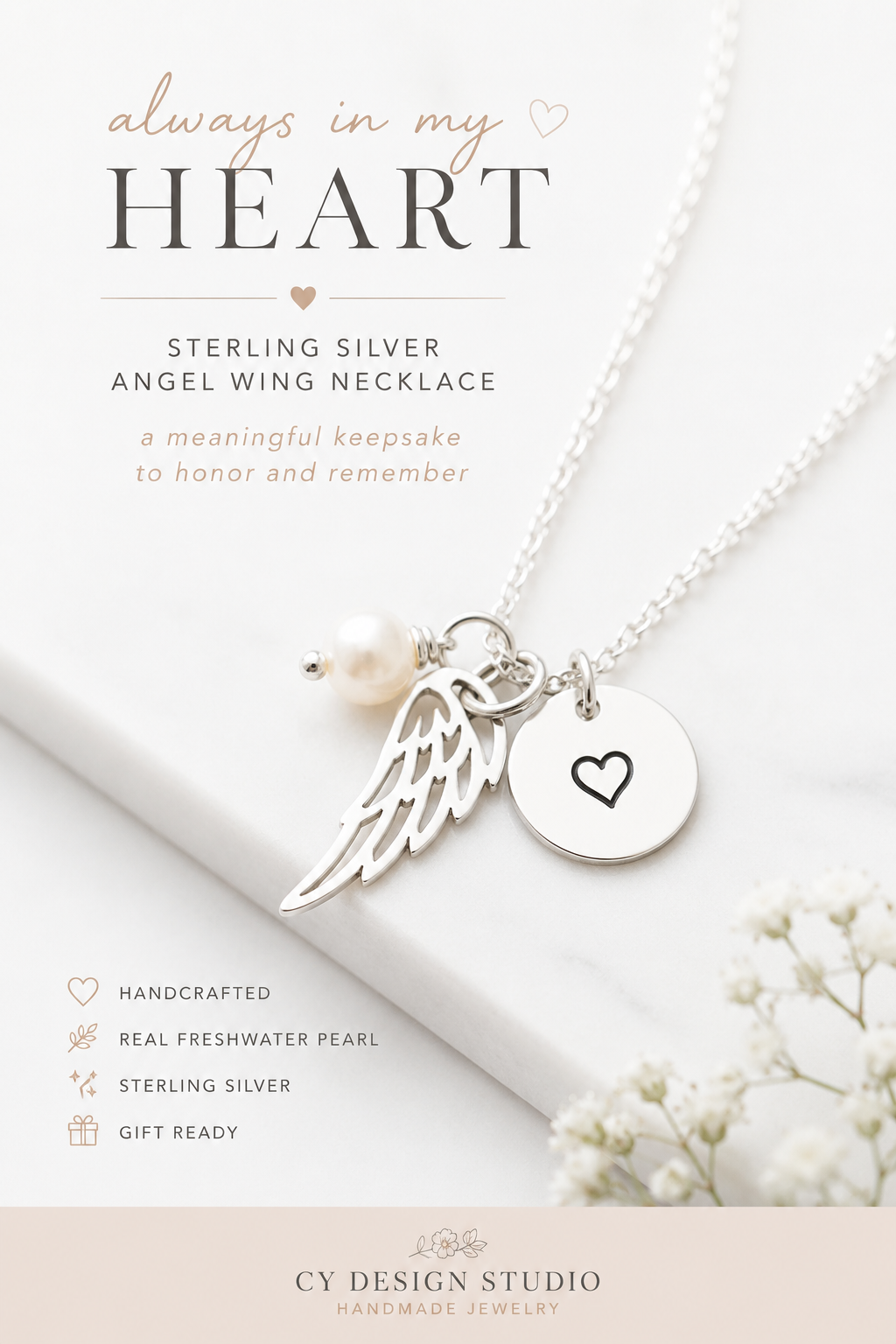 Angel Wing Necklace With Pearl & Heart Disc
