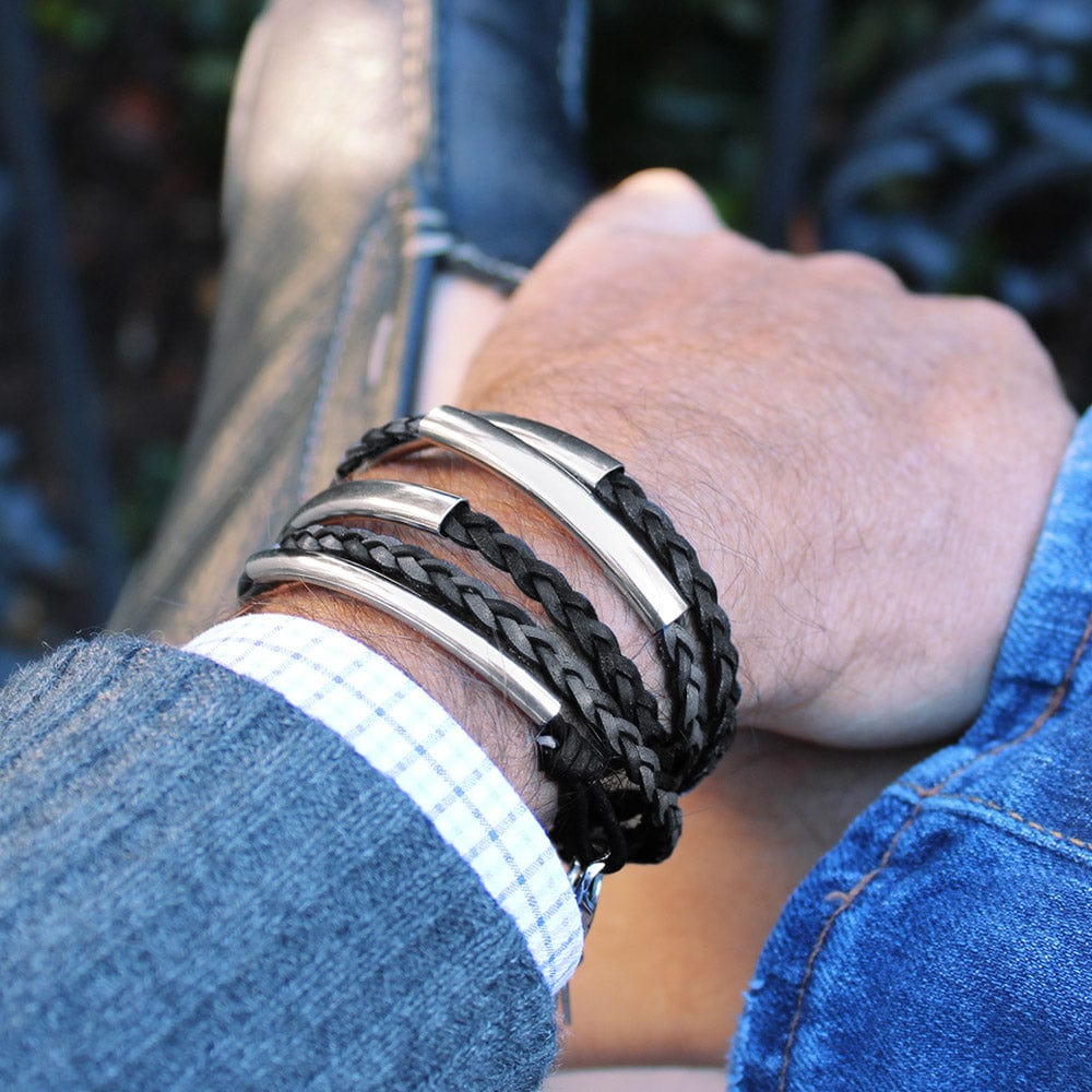 Men's Apollo Wrap Bracelet w Braided Black Leather & Stainless Steel