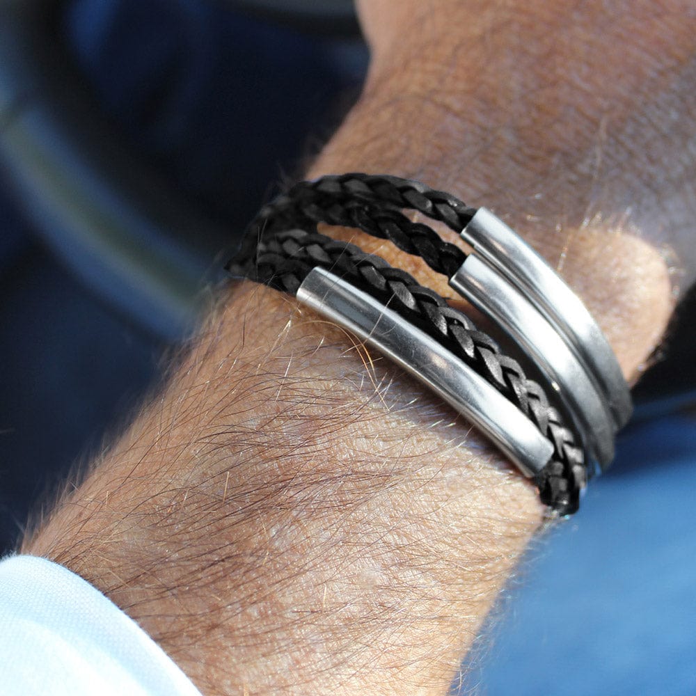 Men's Apollo Wrap Bracelet w Braided Black Leather & Stainless Steel