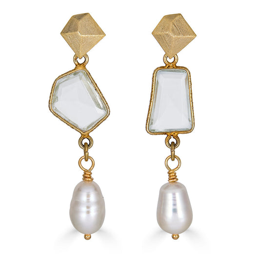 Asymmetrical Quartz and Pearl Earrings