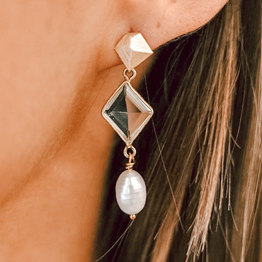 Asymmetrical Quartz and Pearl Earrings