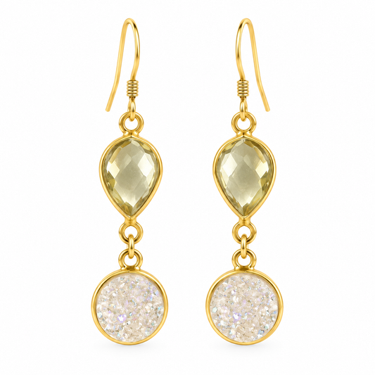 Lemon Quartz & White Druzy Drop Earrings – 14k Gold Filled