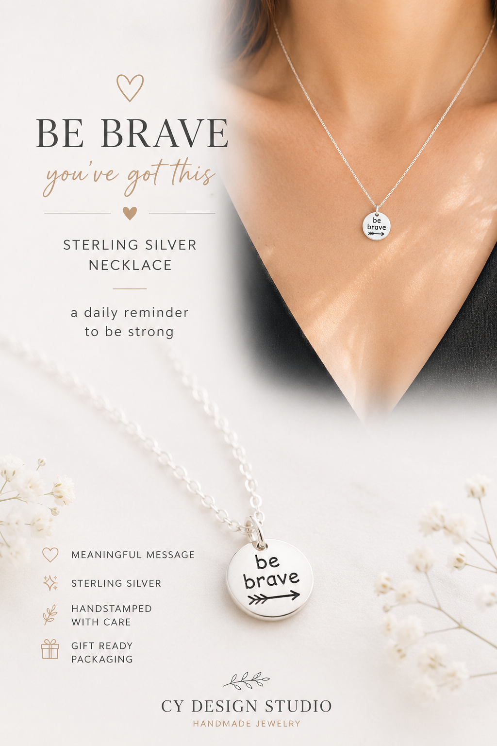 Be Brave Sterling Silver Necklace – Etched Arrow Charm on Solid Sterling Silver Chain