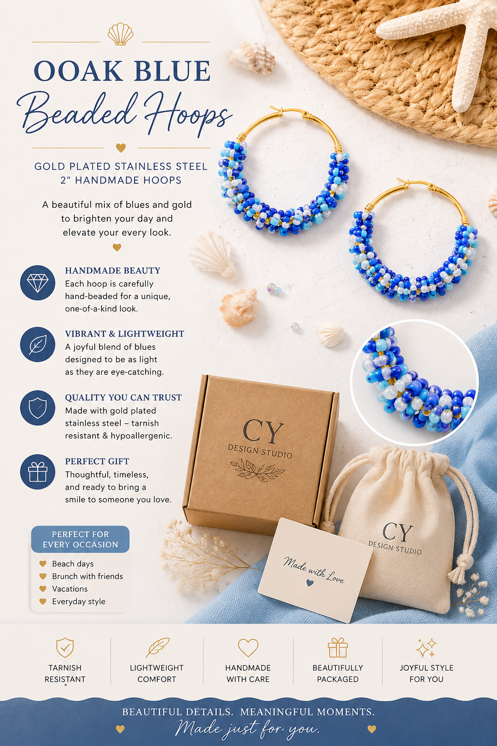 OOAK Blue Beaded Hoop Earrings – Gold Plated Stainless Steel, 2" Handmade Hoops