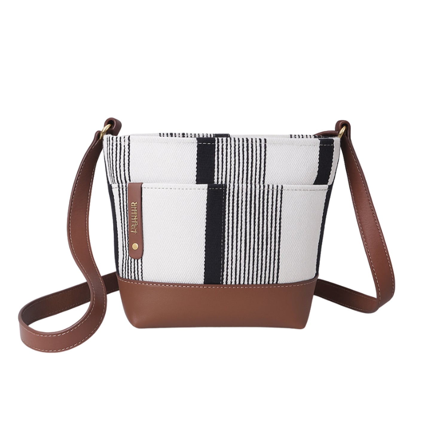 Betsy Bucket Bag | Black and White Woven + Brown Leather