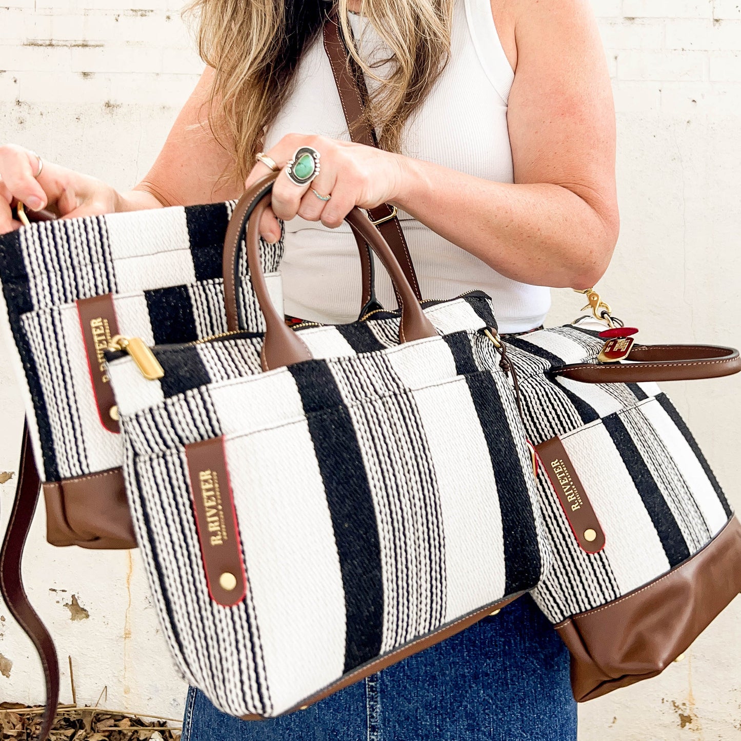 Betsy Bucket Bag | Black and White Woven + Brown Leather